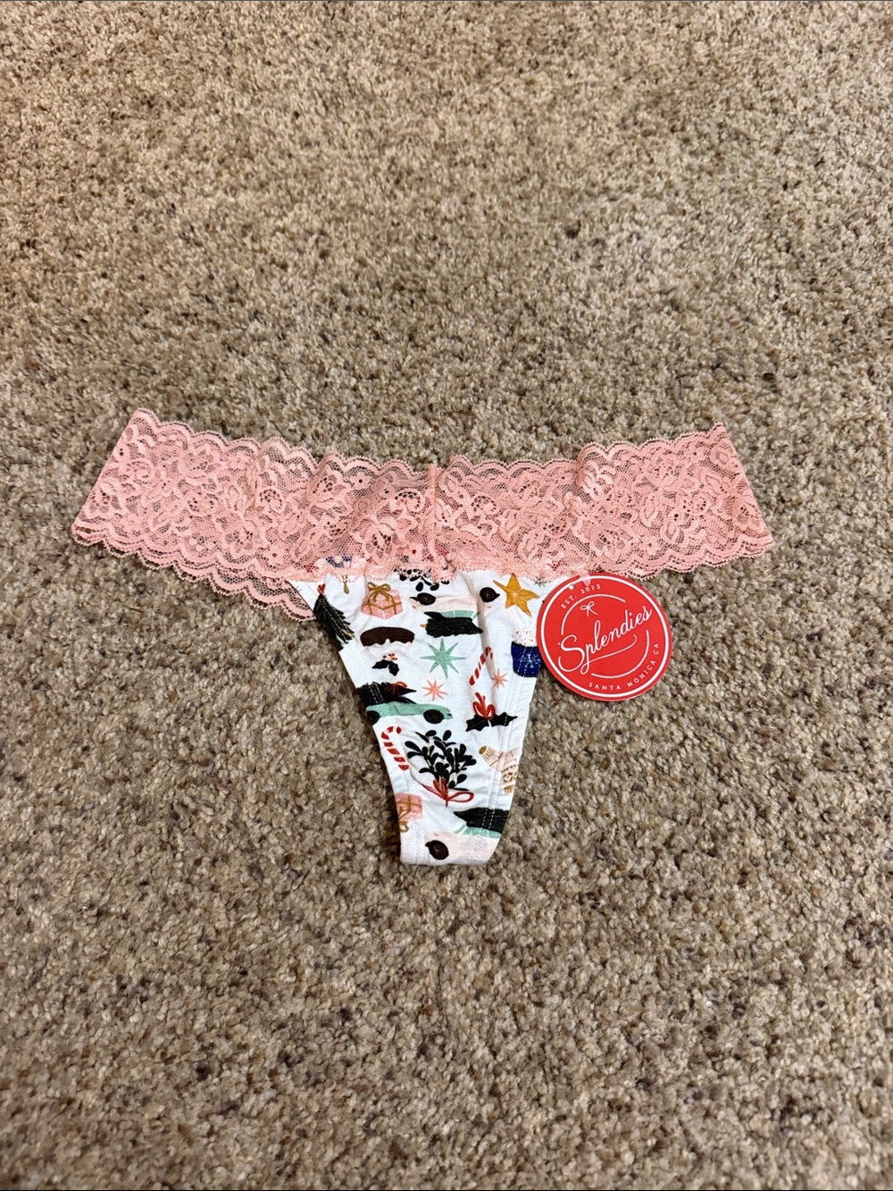Splendies Light Pink Lace-Trim Holiday Print Thong